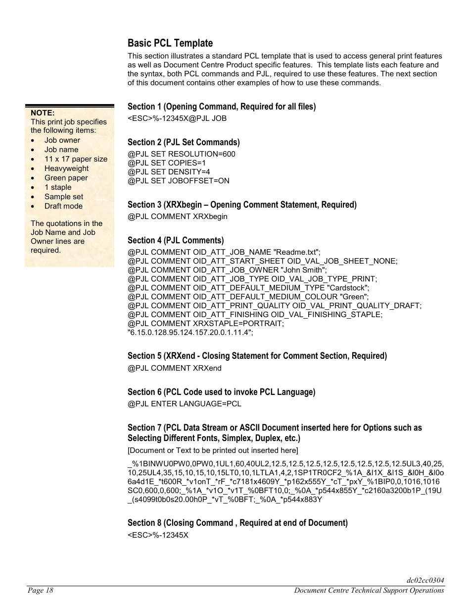 New pcl template, Basic pcl template | Xerox DC 545 User Manual | Page 18 / 28