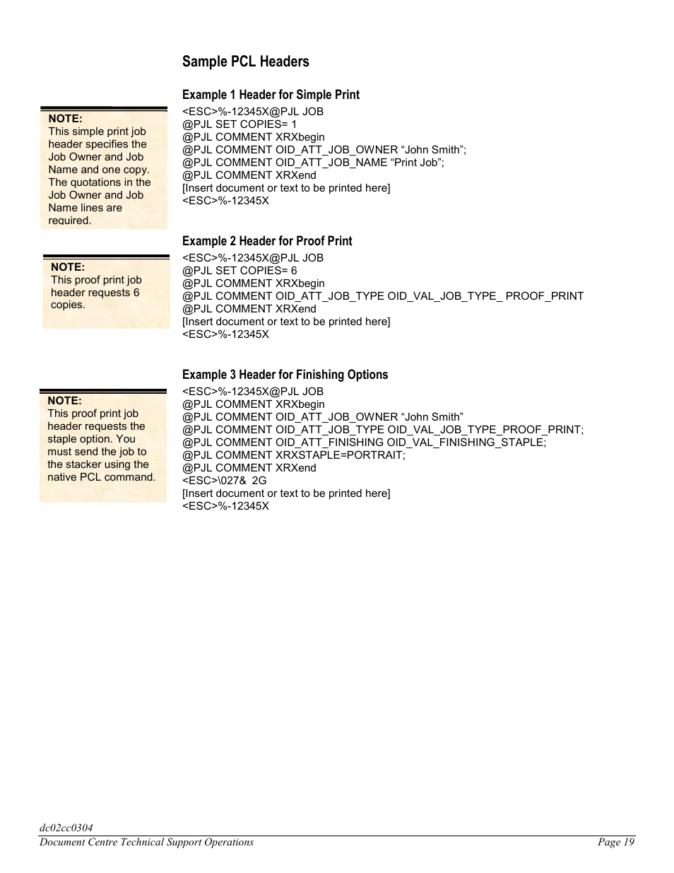 Sample pcl headers | Xerox DC 545 User Manual | Page 19 / 28