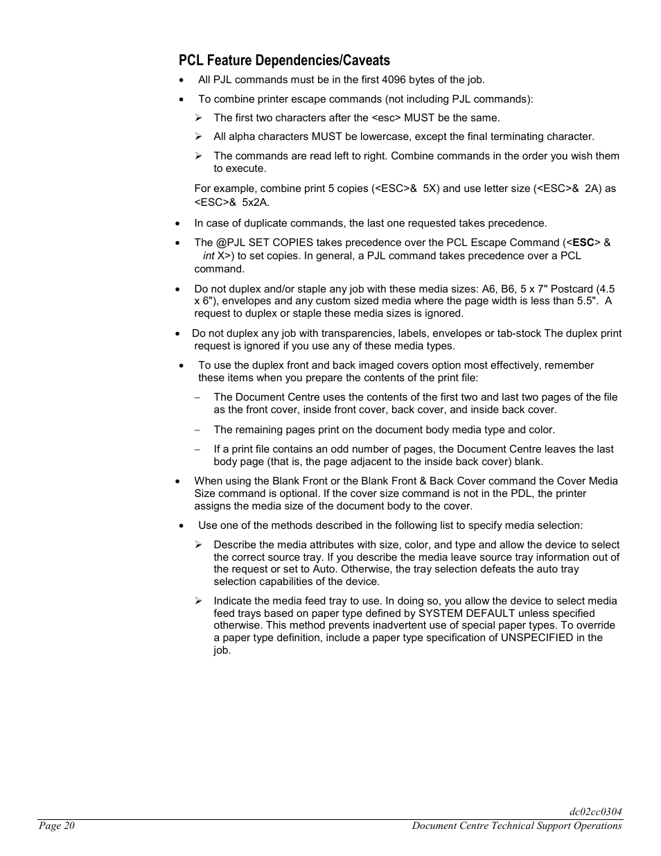 Pcl feature dependencies/caveats | Xerox DC 545 User Manual | Page 20 / 28
