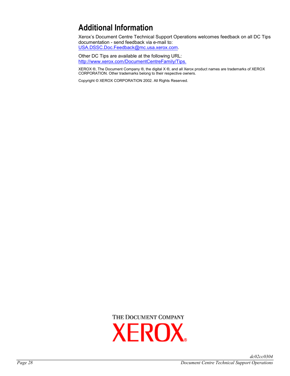 Additional information | Xerox DC 545 User Manual | Page 28 / 28