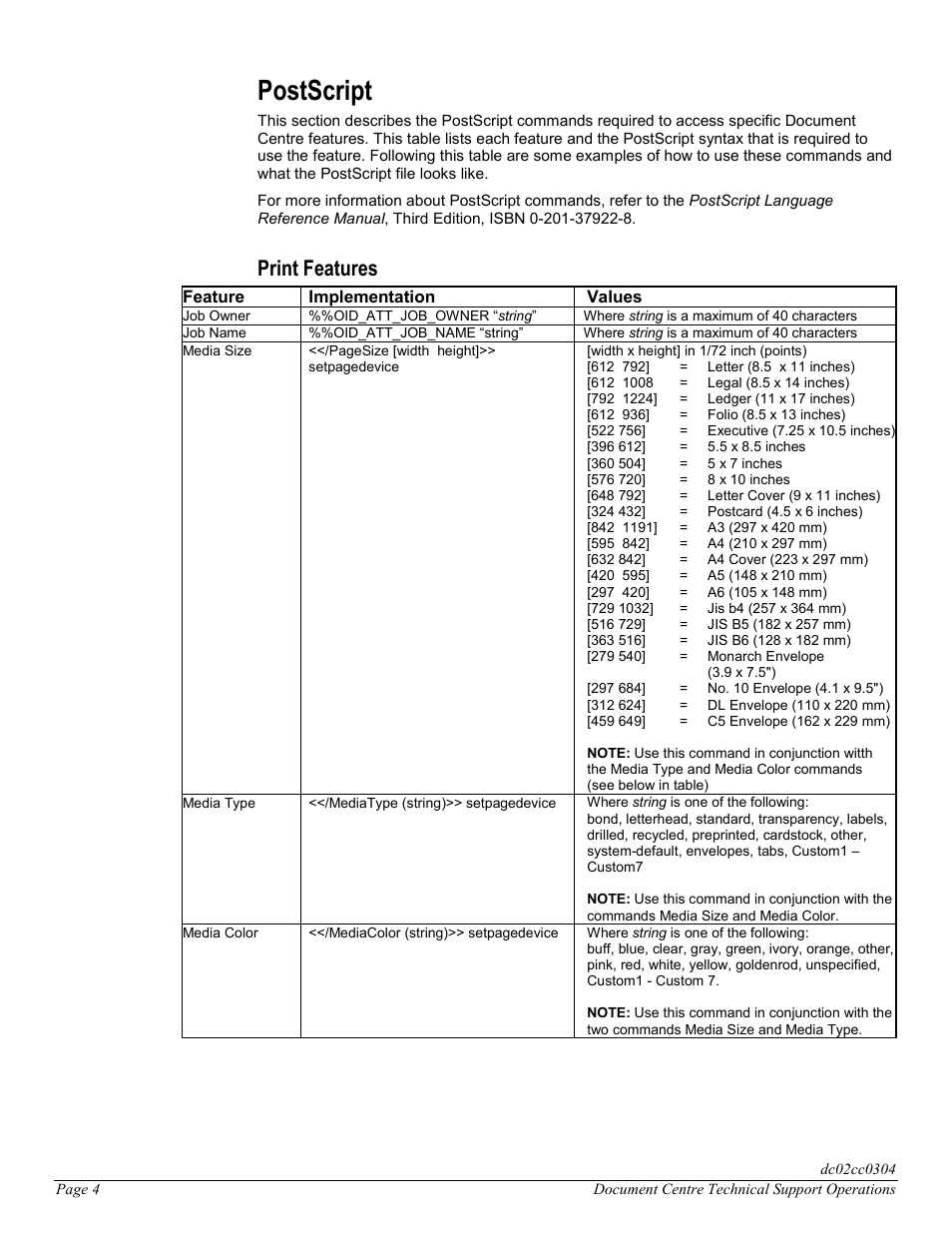 Postscript, Print features | Xerox DC 545 User Manual | Page 4 / 28