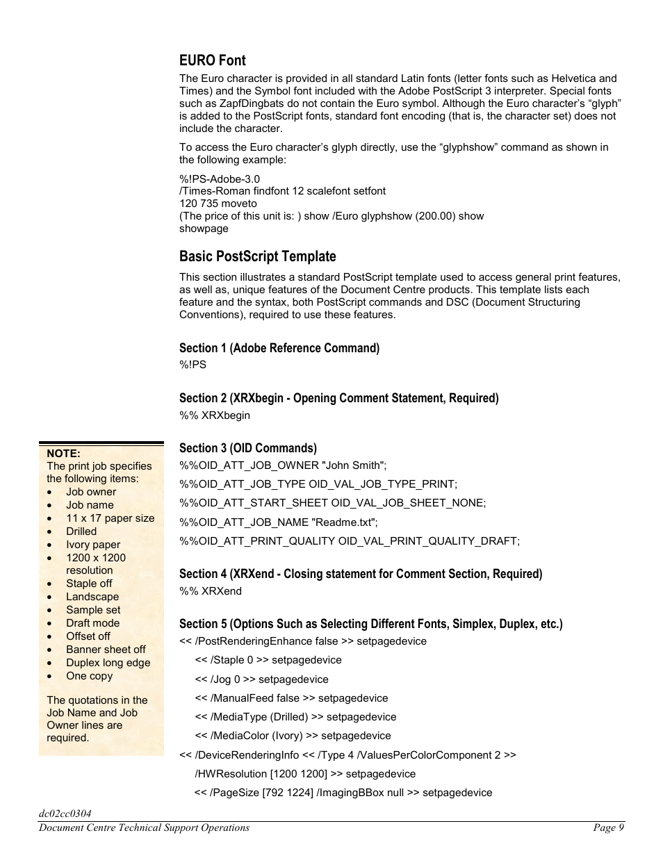 Euro font, Basic postscript template | Xerox DC 545 User Manual | Page 9 / 28