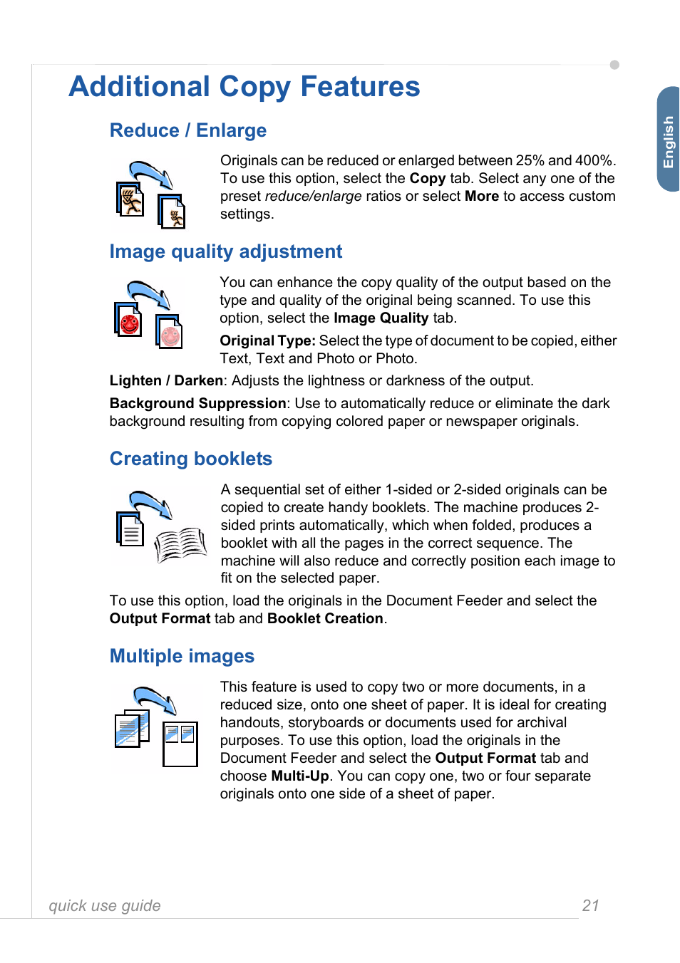 Additional copy features, Reduce / enlarge, Image quality adjustment | Creating booklets, Multiple images | Xerox 3635MFP User Manual | Page 25 / 42