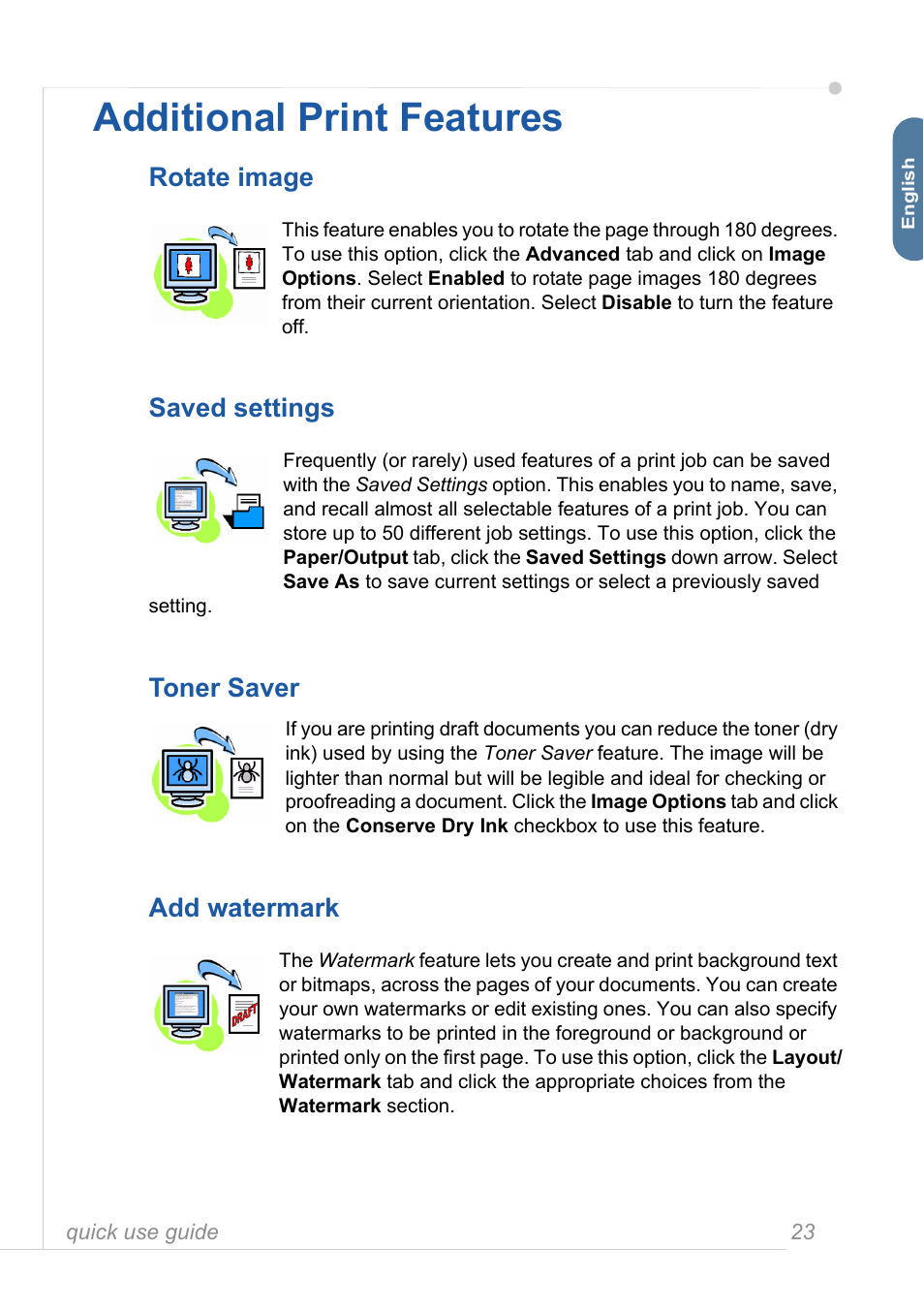 Additional print features, Rotate image, Saved settings | Toner saver, Add watermark | Xerox 3635MFP User Manual | Page 27 / 42