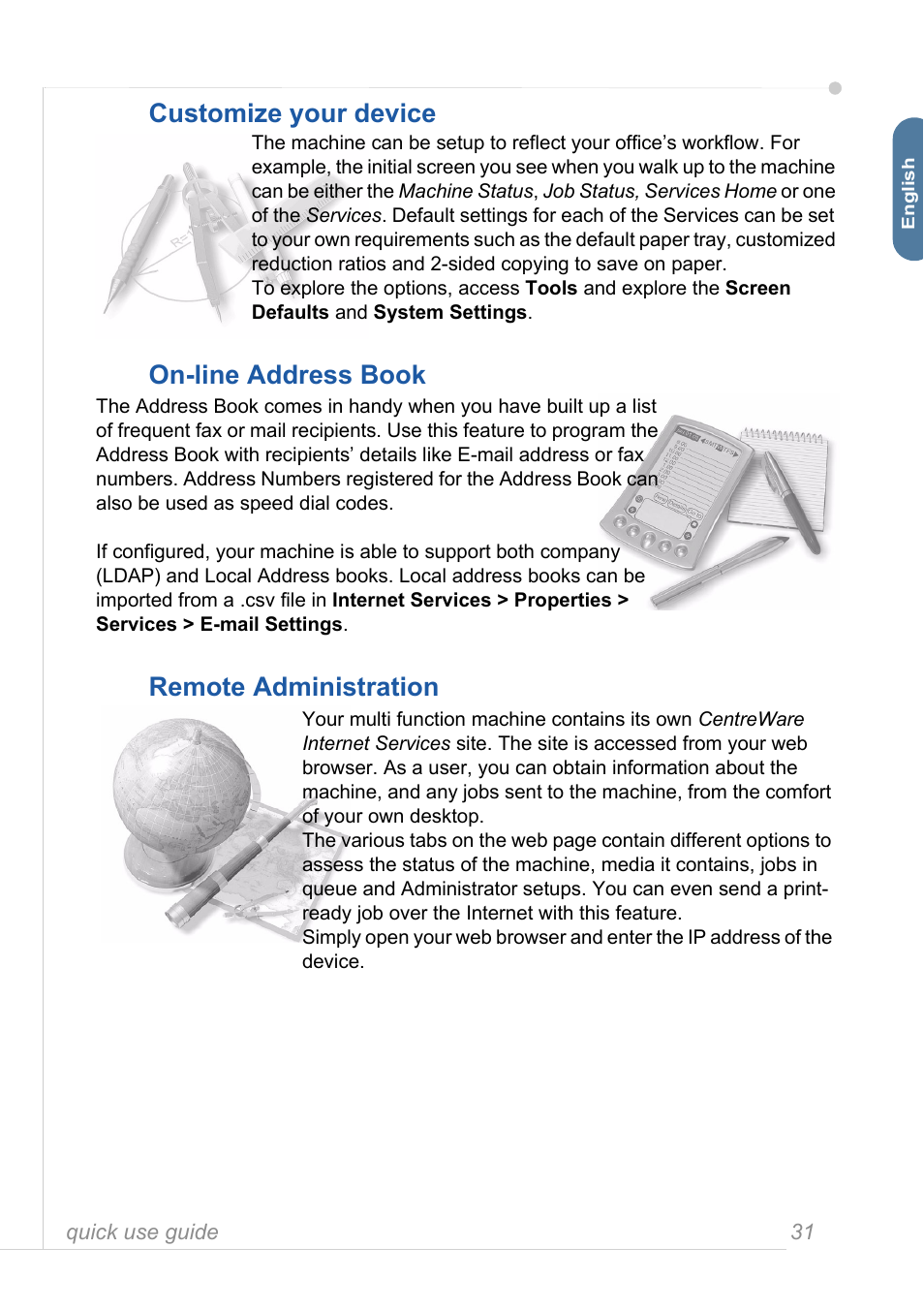 Customize your device, On-line address book, Remote administration | Xerox 3635MFP User Manual | Page 35 / 42