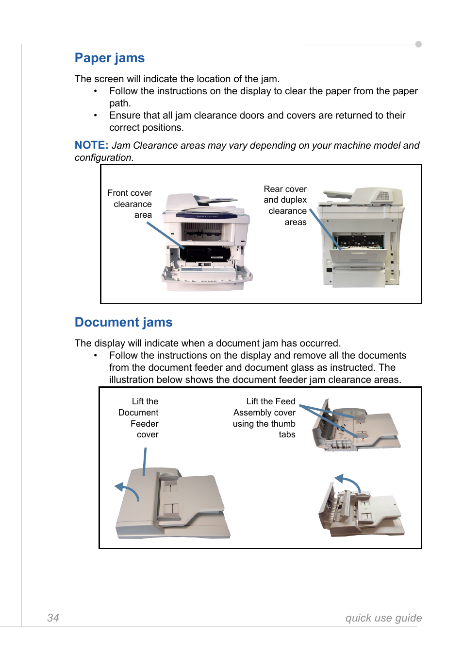 Paper jams, Document jams | Xerox 3635MFP User Manual | Page 38 / 42