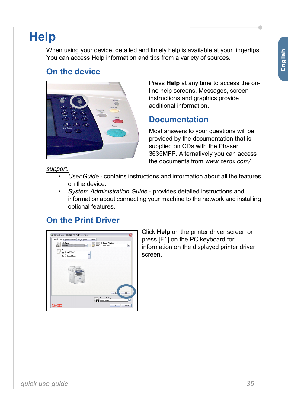 Help, On the device, Documentation | On the print driver | Xerox 3635MFP User Manual | Page 39 / 42