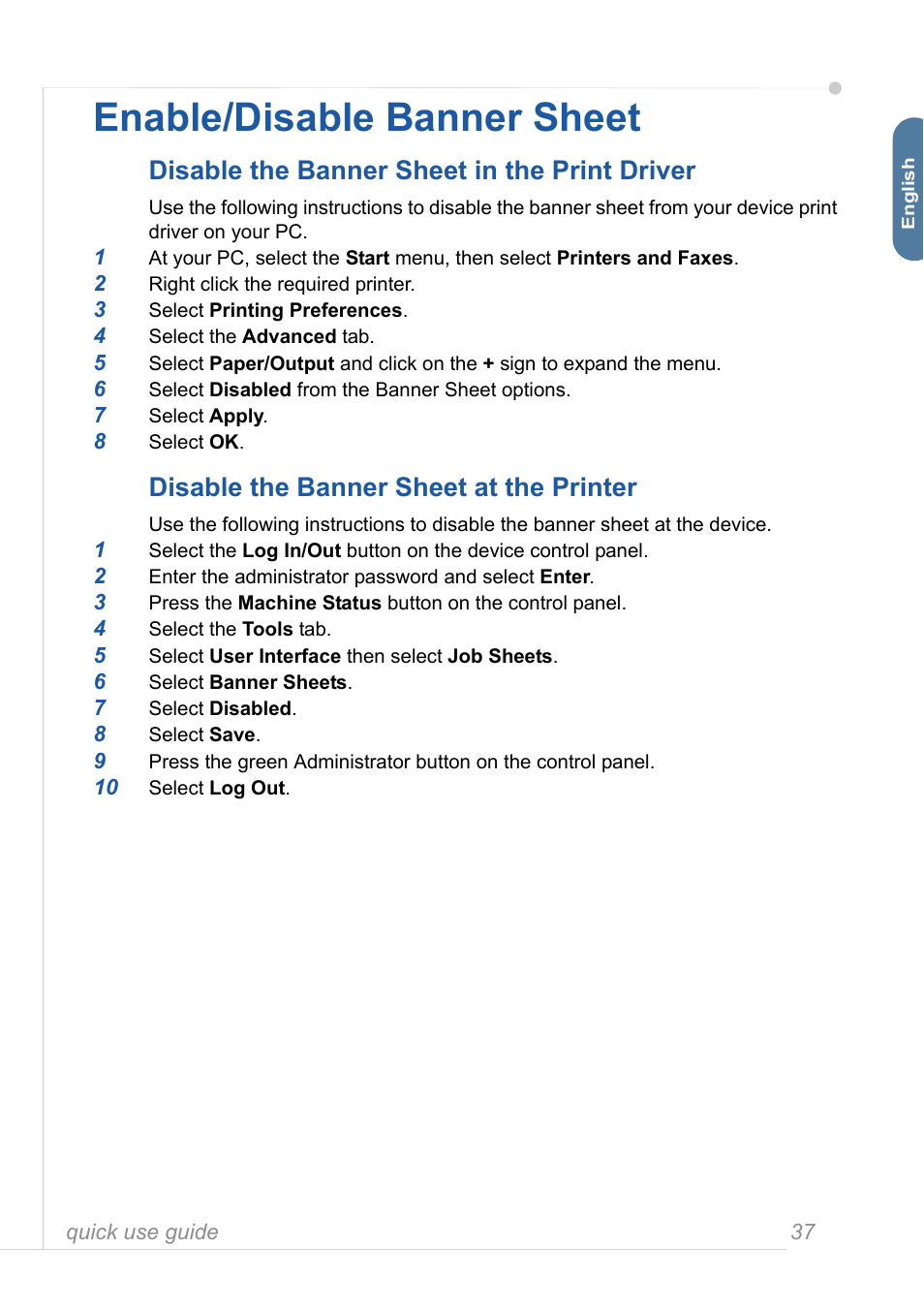 Enable/disable banner sheet, Disable the banner sheet in the print driver, Disable the banner sheet at the printer | Xerox 3635MFP User Manual | Page 41 / 42