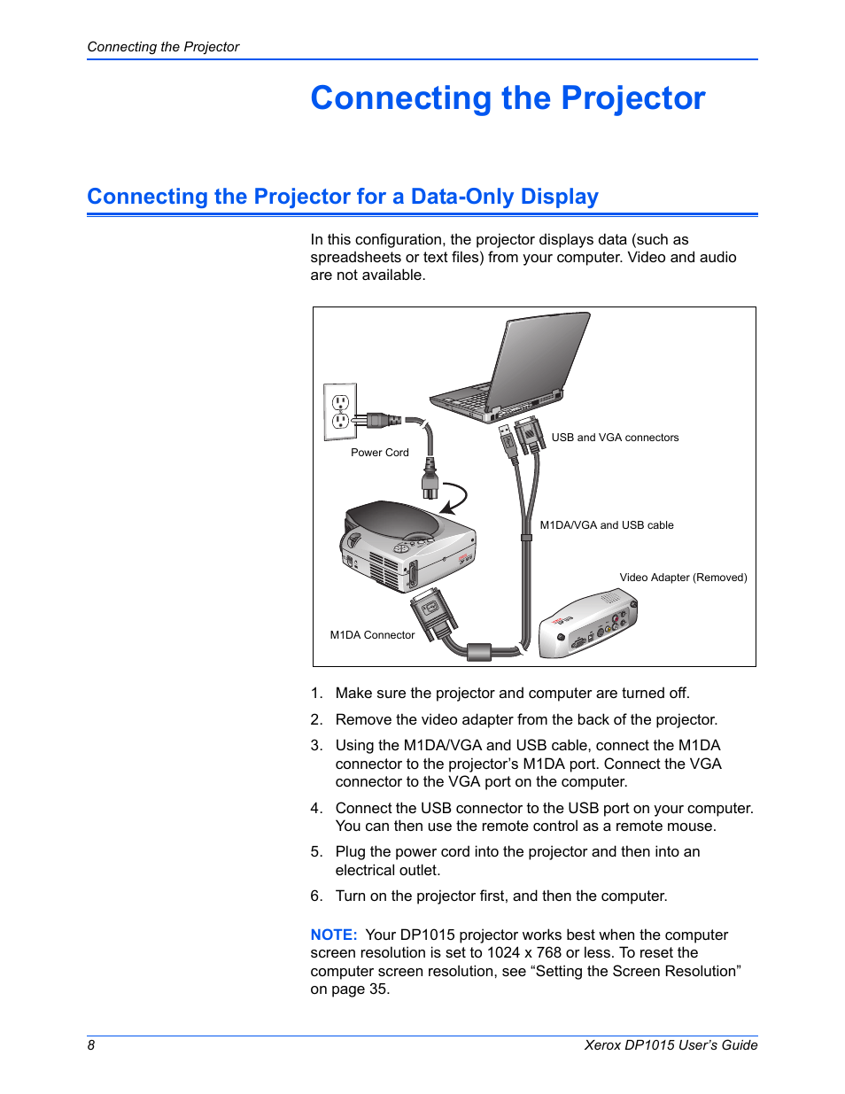 Connecting the projector, Connecting the projector for a data-only display | Xerox DP 1015 User Manual | Page 13 / 46