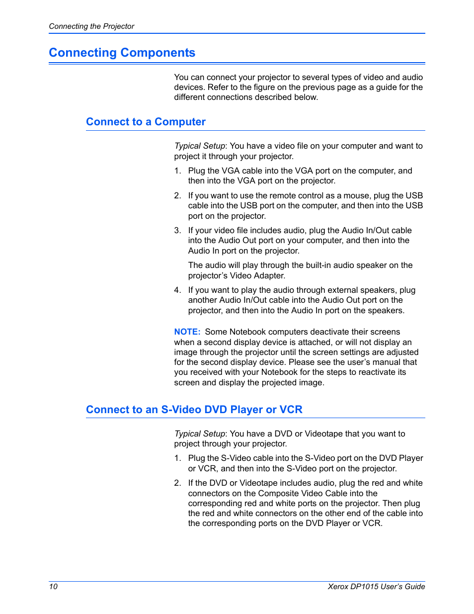 Connecting components, Connect to a computer, Connect to an s-video dvd player or vcr | Xerox DP 1015 User Manual | Page 15 / 46