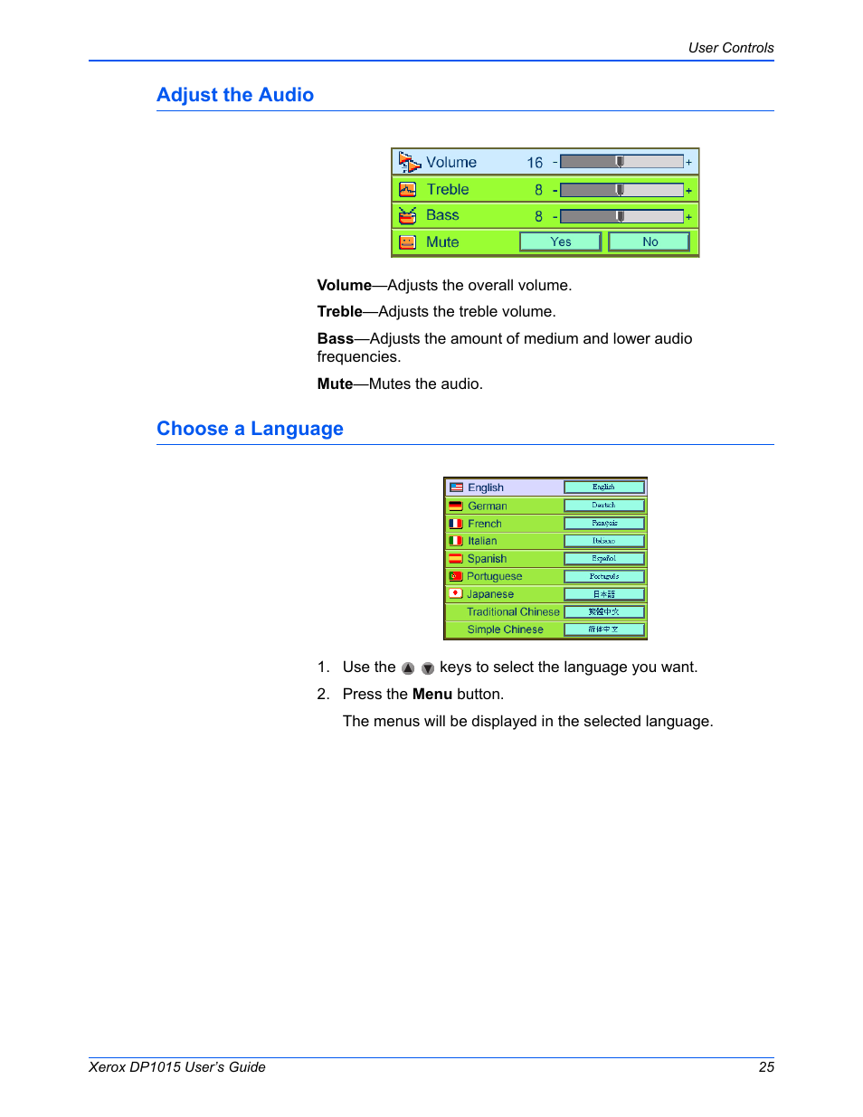 Adjust the audio, Choose a language, Adjust the audio choose a language | Xerox DP 1015 User Manual | Page 30 / 46