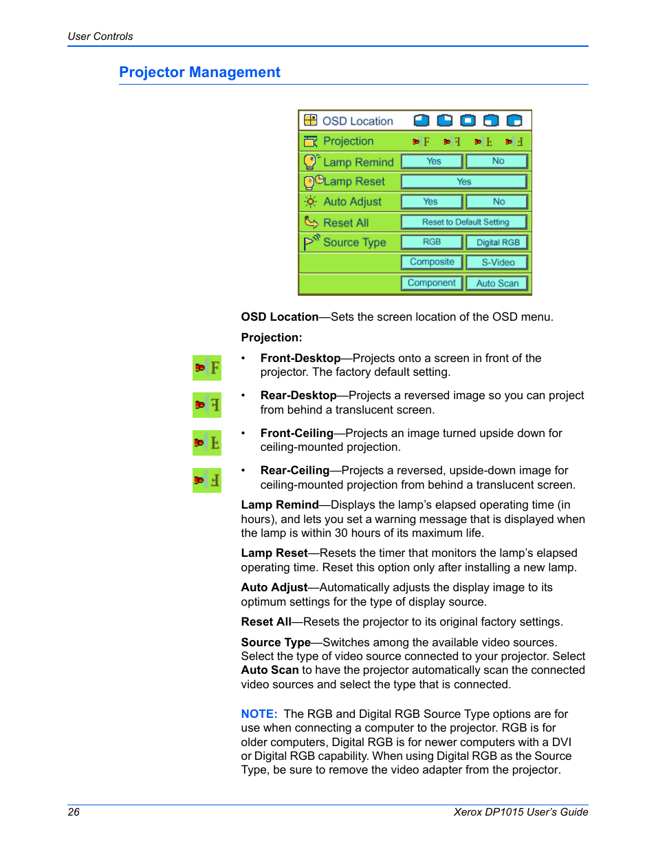 Projector management | Xerox DP 1015 User Manual | Page 31 / 46