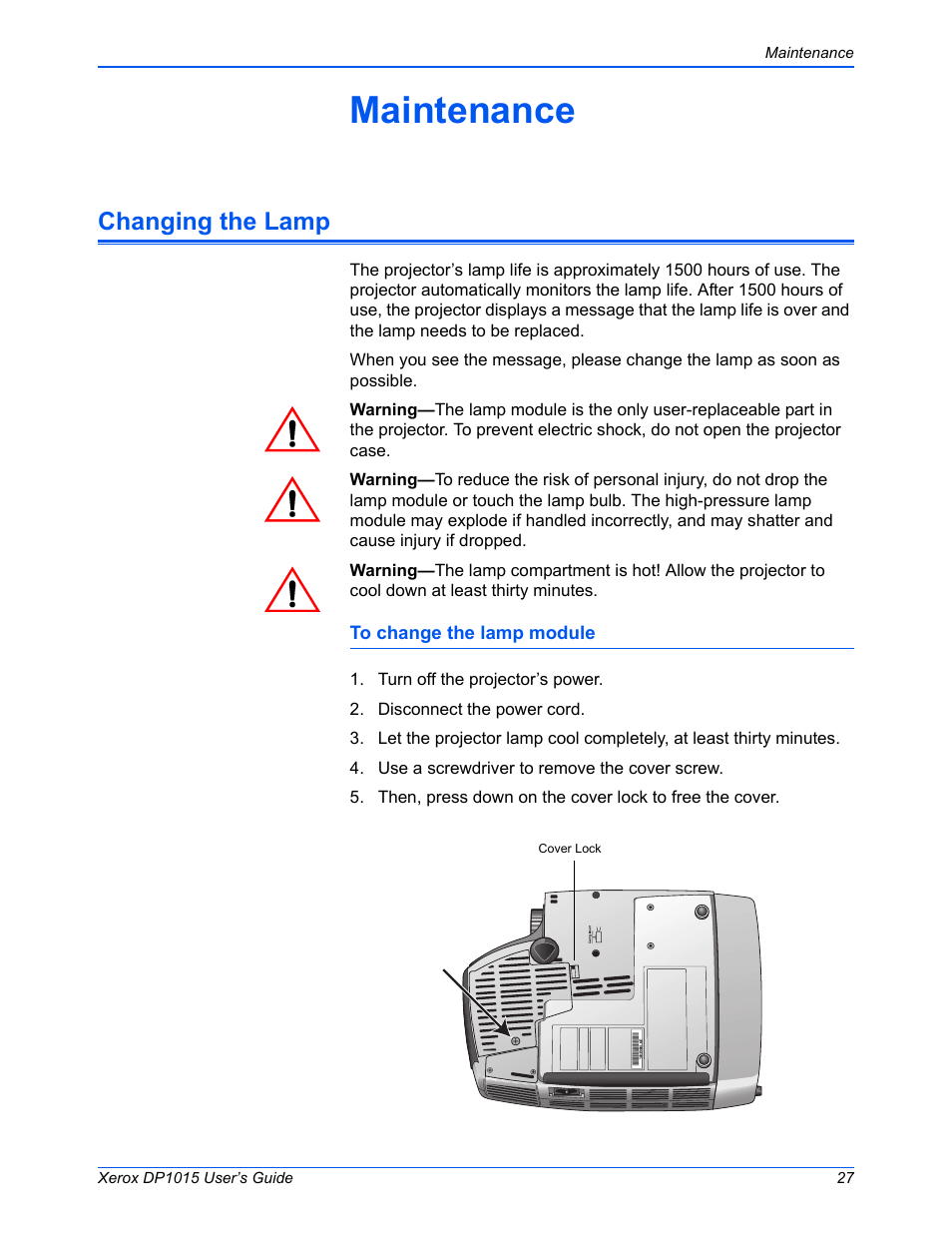 Maintenance, Changing the lamp | Xerox DP 1015 User Manual | Page 32 / 46