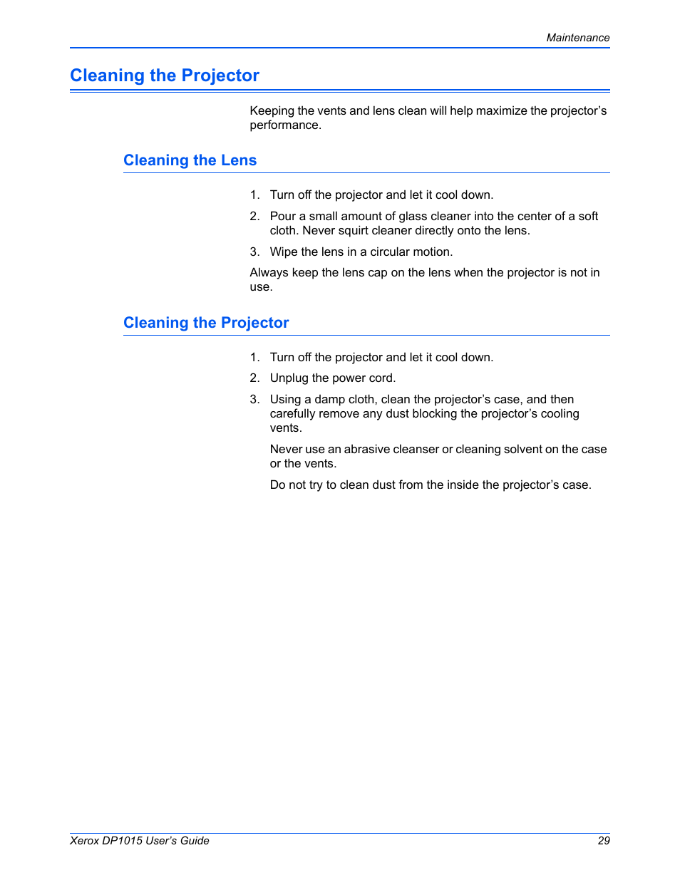 Cleaning the projector, Cleaning the lens | Xerox DP 1015 User Manual | Page 34 / 46