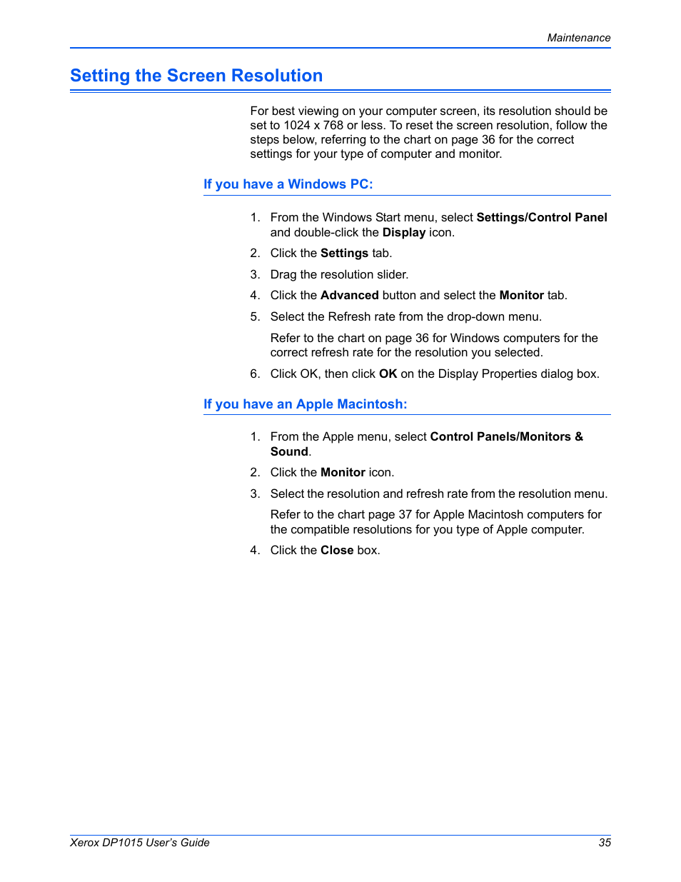 Setting the screen resolution | Xerox DP 1015 User Manual | Page 40 / 46
