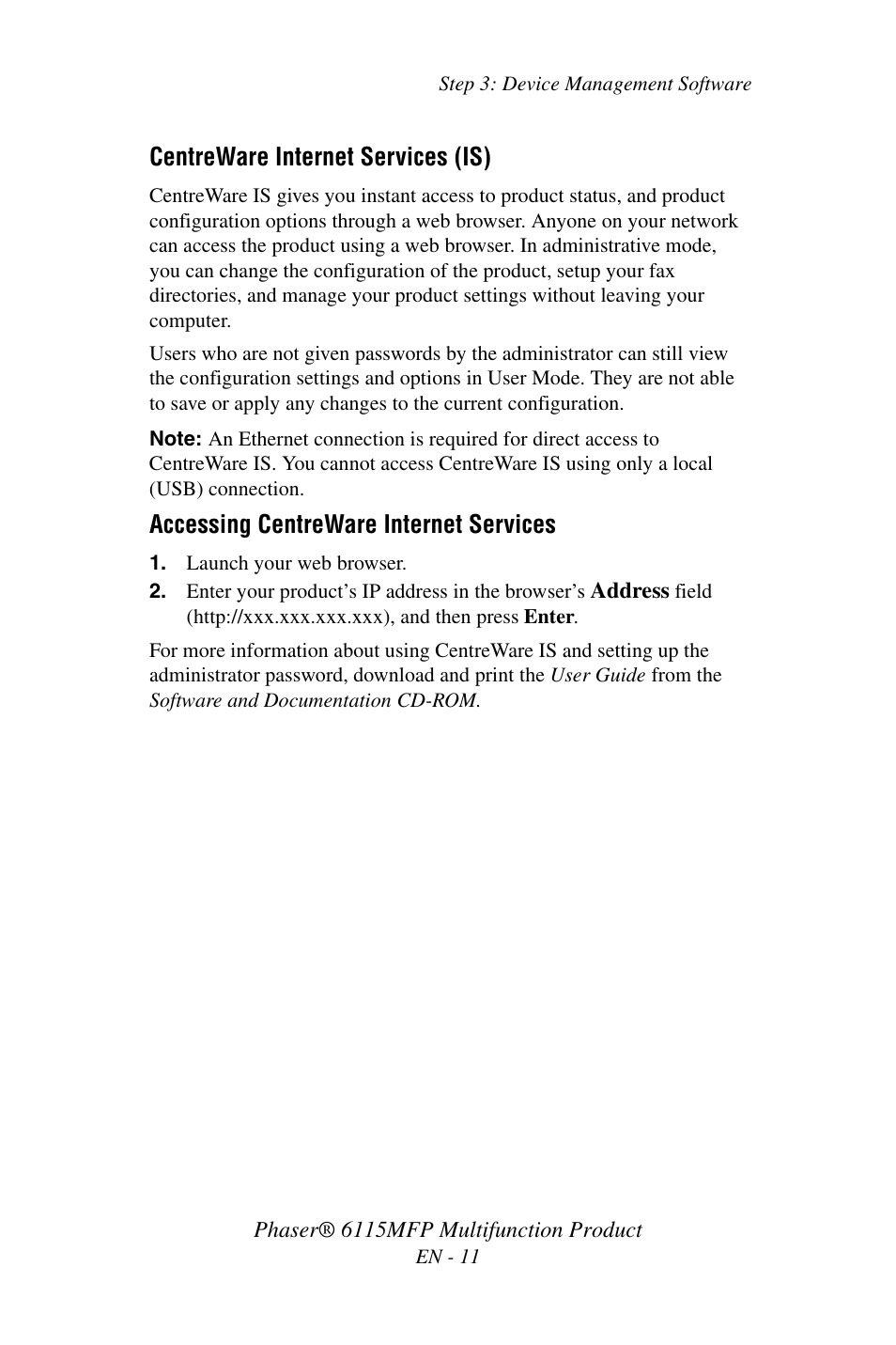 Centreware internet services (is), Accessing centreware internet services | Xerox Phaser 6115MFP User Manual | Page 13 / 75