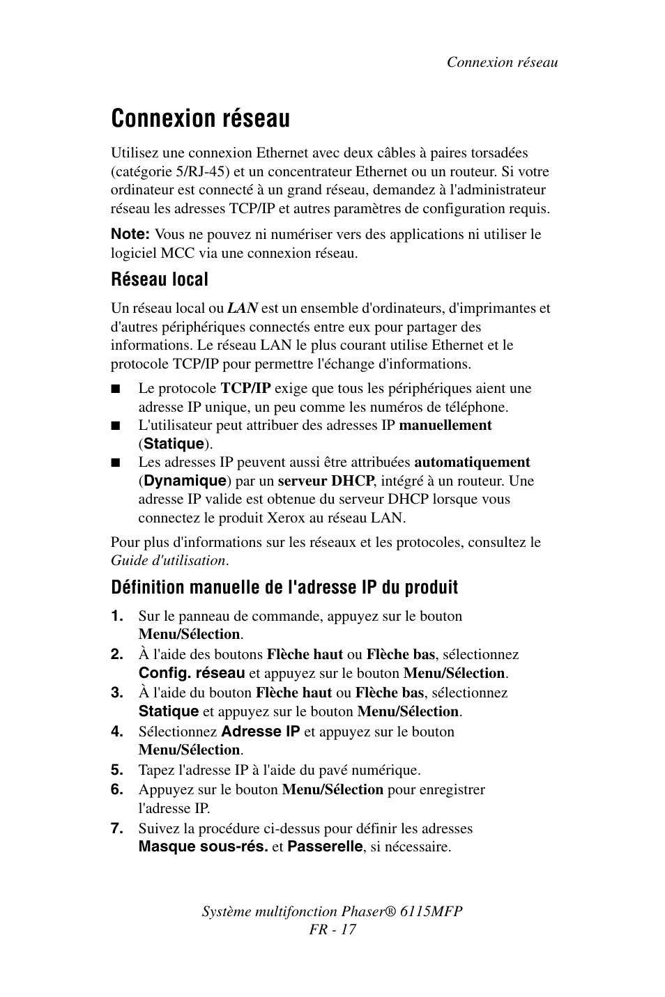 Connexion réseau, Réseau local, Définition manuelle de l'adresse ip du produit | Xerox Phaser 6115MFP User Manual | Page 19 / 75