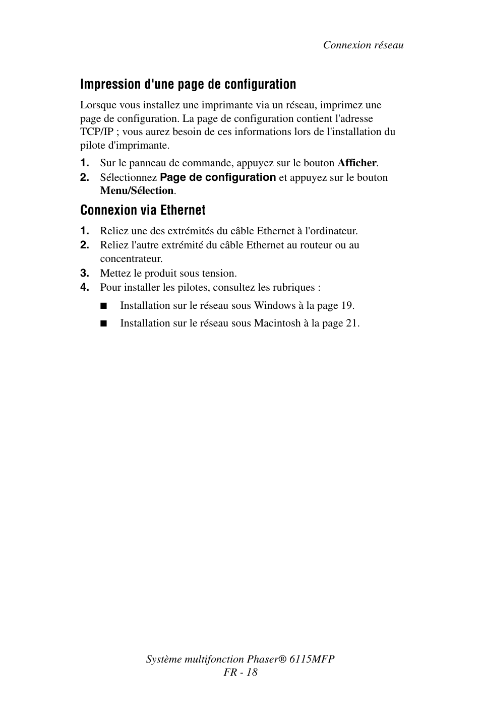 Impression d'une page de configuration, Connexion via ethernet | Xerox Phaser 6115MFP User Manual | Page 20 / 75