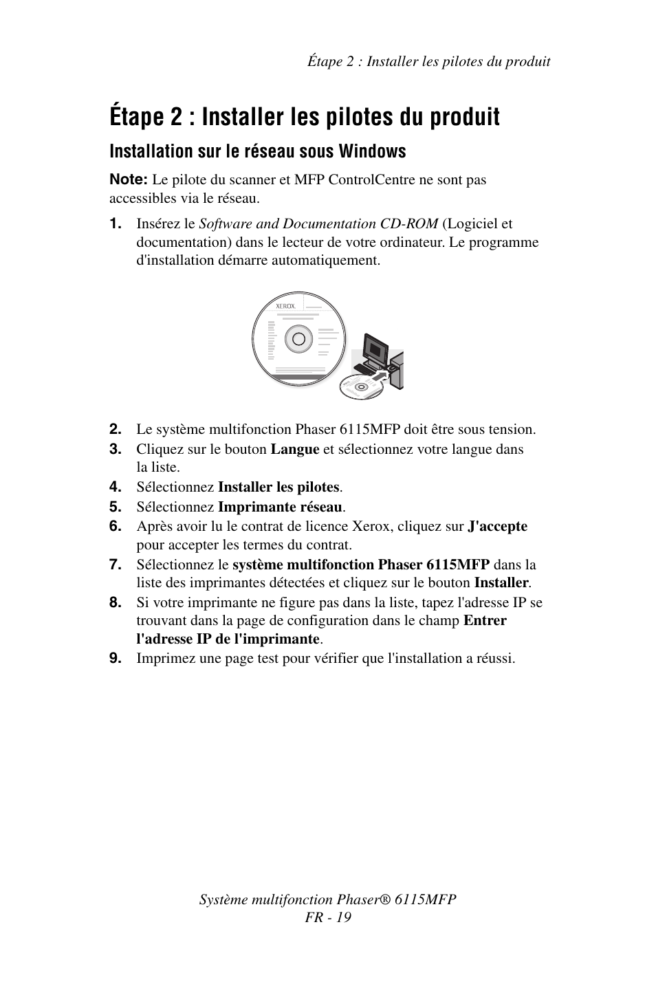 Étape 2 : installer les pilotes du produit, Installation sur le réseau sous windows | Xerox Phaser 6115MFP User Manual | Page 21 / 75