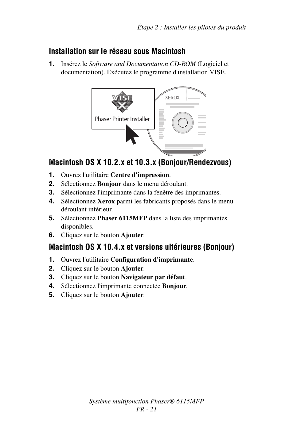 Installation sur le réseau sous macintosh | Xerox Phaser 6115MFP User Manual | Page 23 / 75