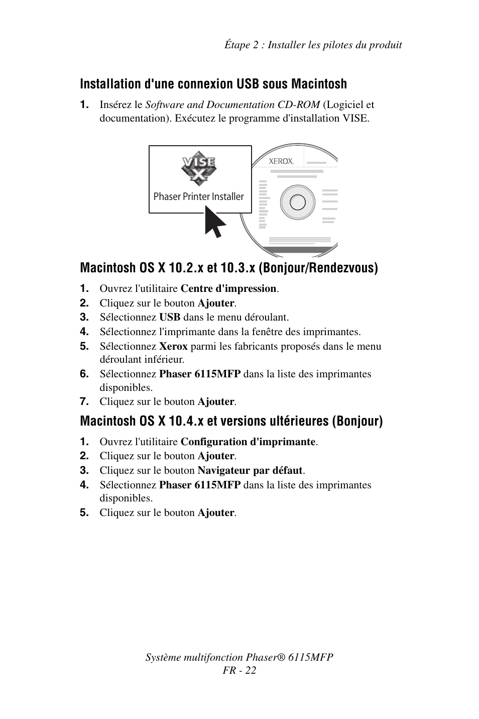 Installation d'une connexion usb sous macintosh | Xerox Phaser 6115MFP User Manual | Page 24 / 75