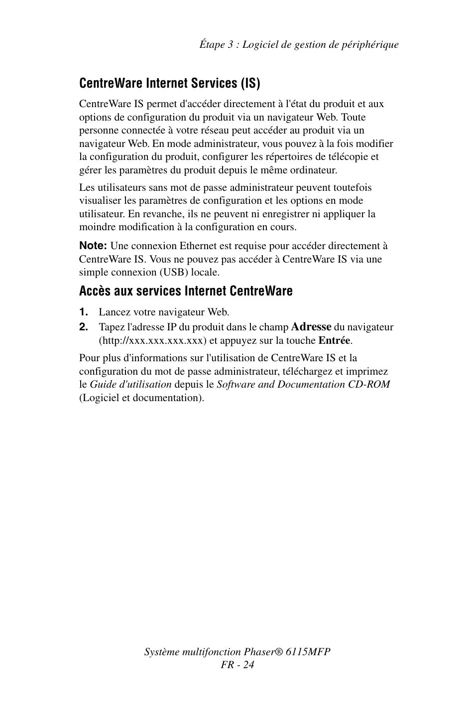 Centreware internet services (is), Accès aux services internet centreware | Xerox Phaser 6115MFP User Manual | Page 26 / 75