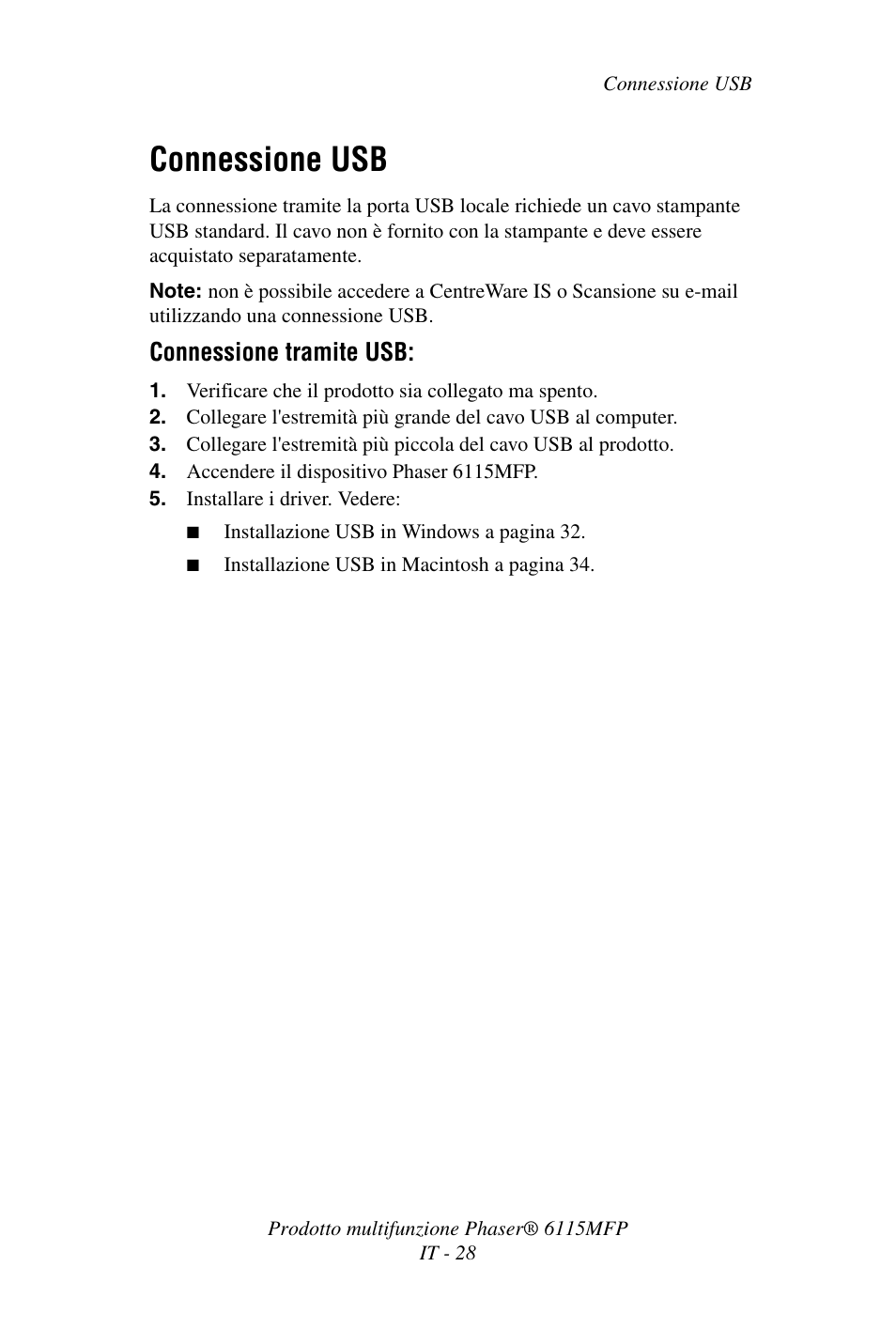 Connessione usb, Connessione tramite usb | Xerox Phaser 6115MFP User Manual | Page 30 / 75