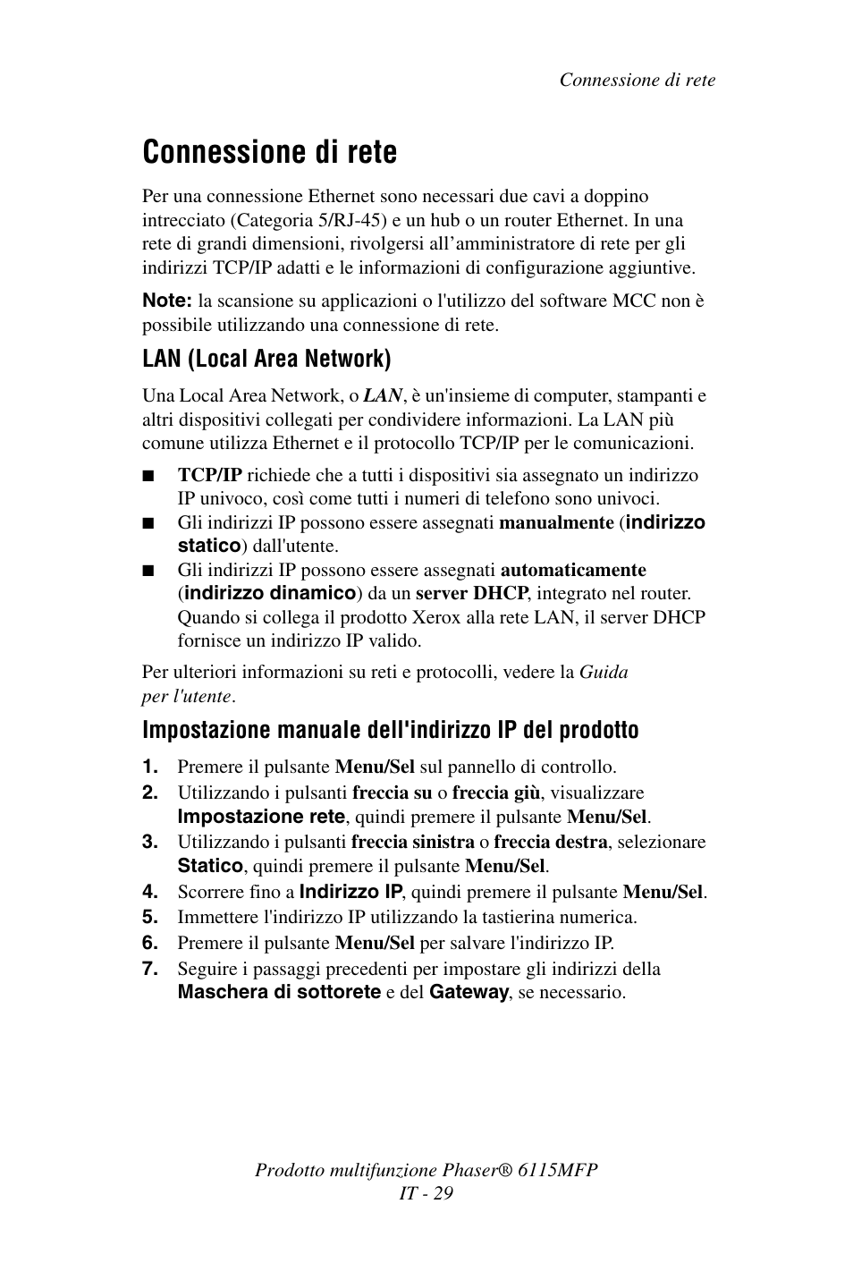 Connessione di rete, Lan (local area network) | Xerox Phaser 6115MFP User Manual | Page 31 / 75