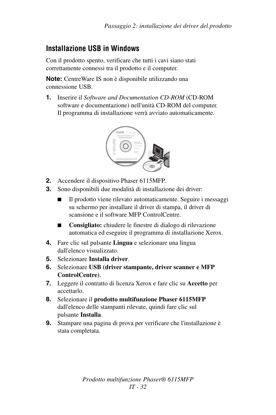Installazione usb in windows | Xerox Phaser 6115MFP User Manual | Page 34 / 75