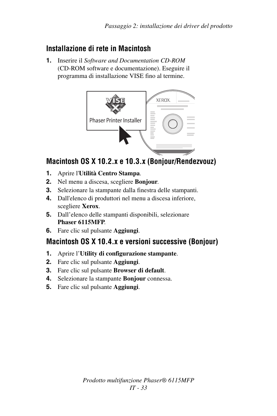 Installazione di rete in macintosh | Xerox Phaser 6115MFP User Manual | Page 35 / 75