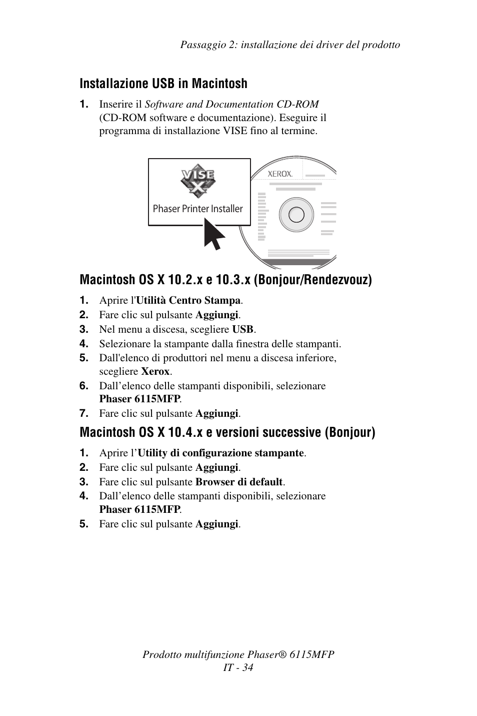 Installazione usb in macintosh | Xerox Phaser 6115MFP User Manual | Page 36 / 75