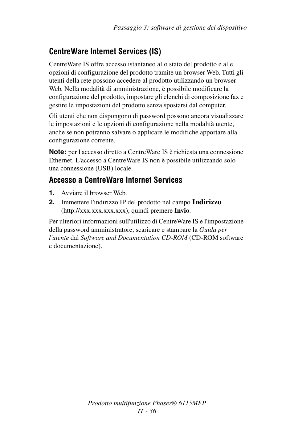 Centreware internet services (is), Accesso a centreware internet services | Xerox Phaser 6115MFP User Manual | Page 38 / 75