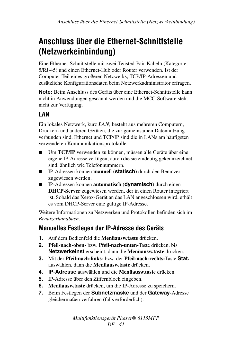 Manuelles festlegen der ip-adresse des geräts | Xerox Phaser 6115MFP User Manual | Page 43 / 75