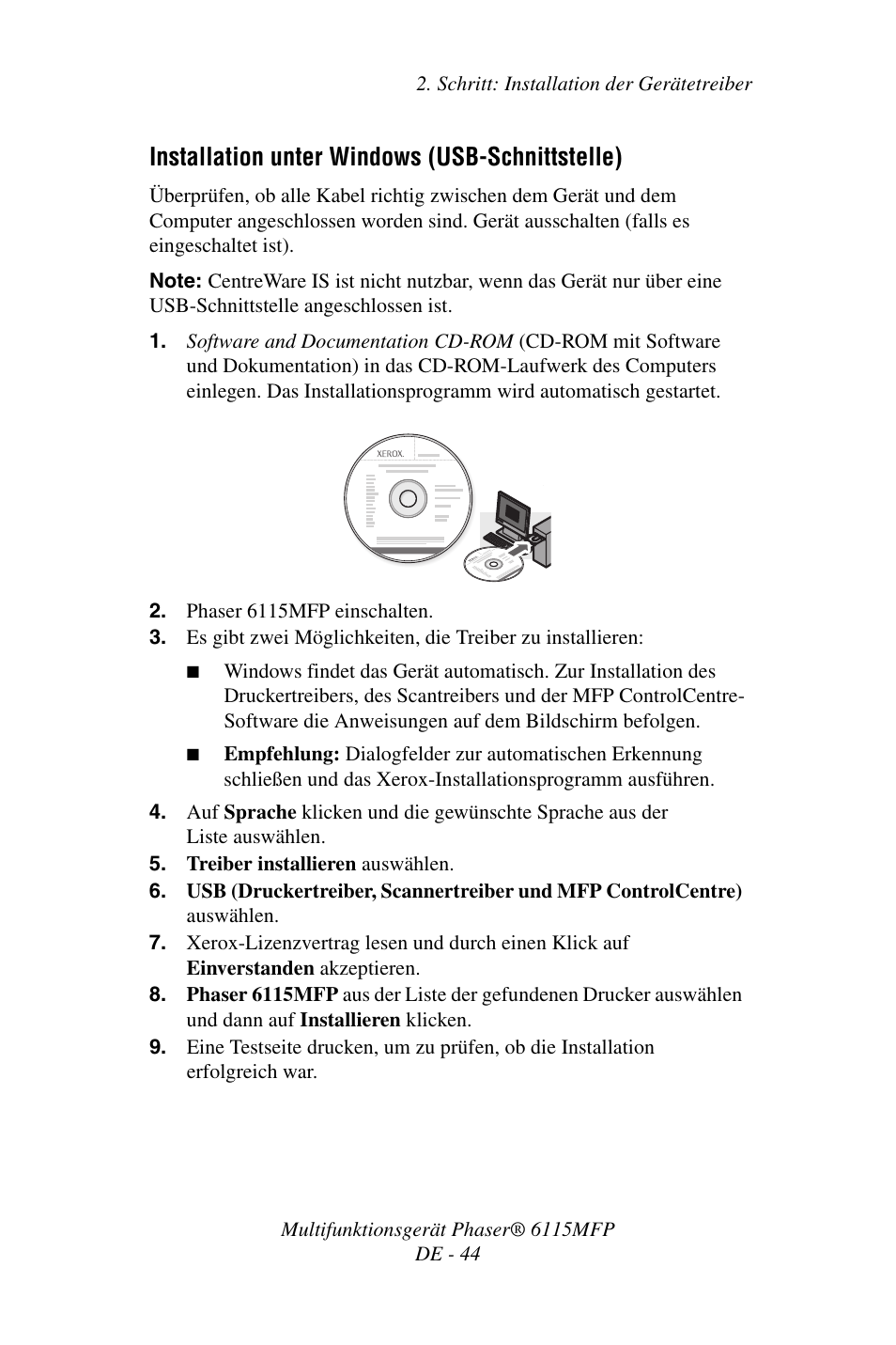 Installation unter windows (usb-schnittstelle) | Xerox Phaser 6115MFP User Manual | Page 46 / 75