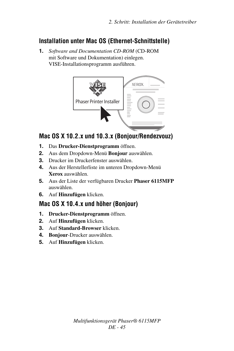 Installation unter mac os (ethernet-schnittstelle), Mac os x 10.4.x und höher (bonjour) | Xerox Phaser 6115MFP User Manual | Page 47 / 75