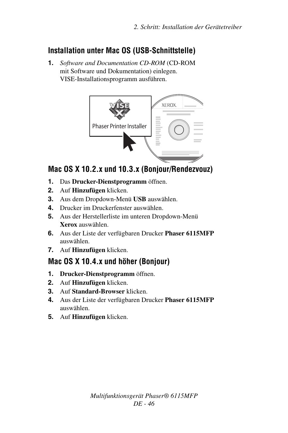 Installation unter mac os (usb-schnittstelle), Mac os x 10.4.x und höher (bonjour) | Xerox Phaser 6115MFP User Manual | Page 48 / 75