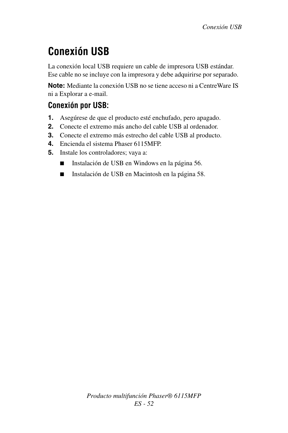 Conexión usb, Conexión por usb | Xerox Phaser 6115MFP User Manual | Page 54 / 75