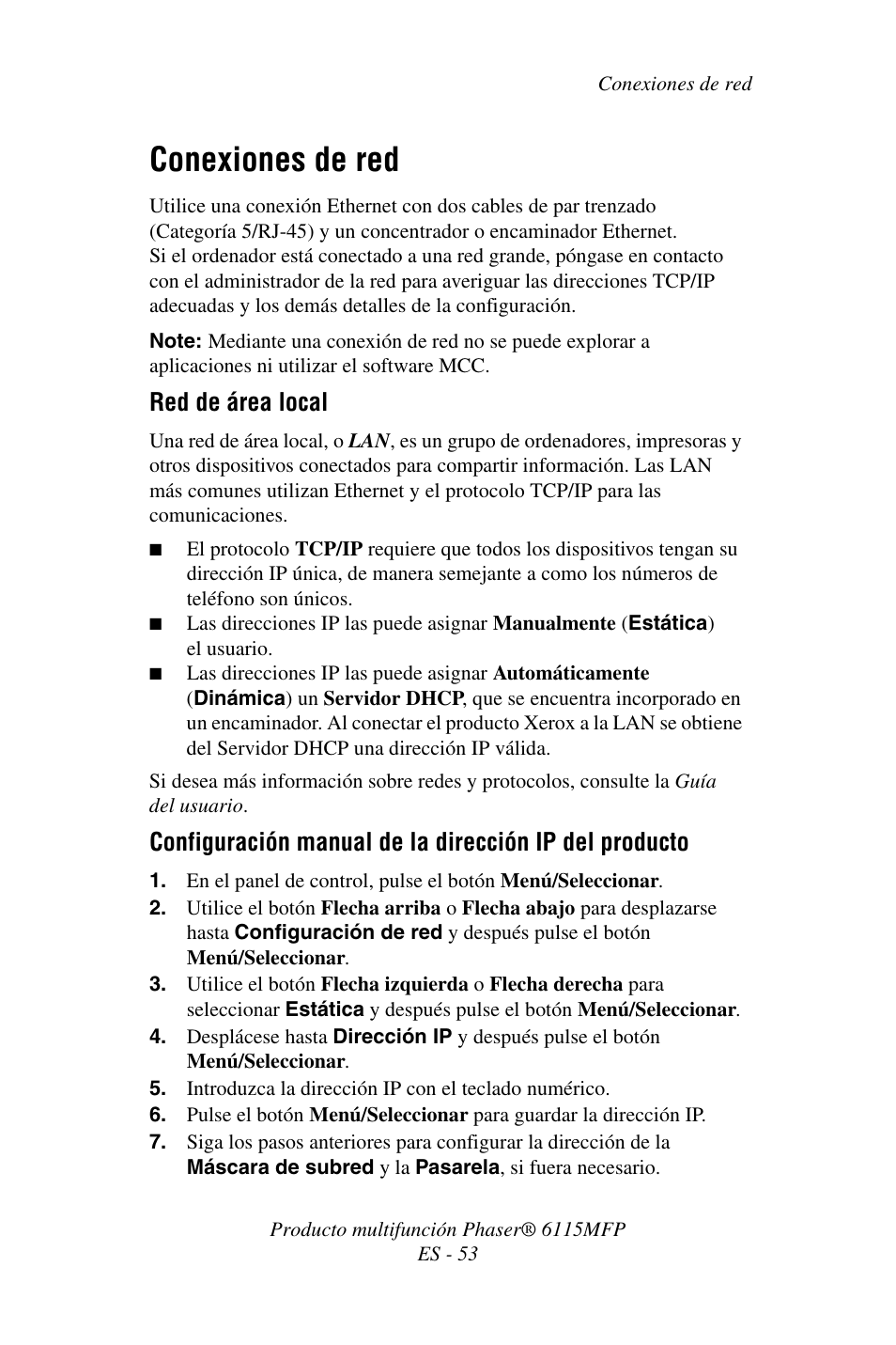 Conexiones de red, Red de área local | Xerox Phaser 6115MFP User Manual | Page 55 / 75