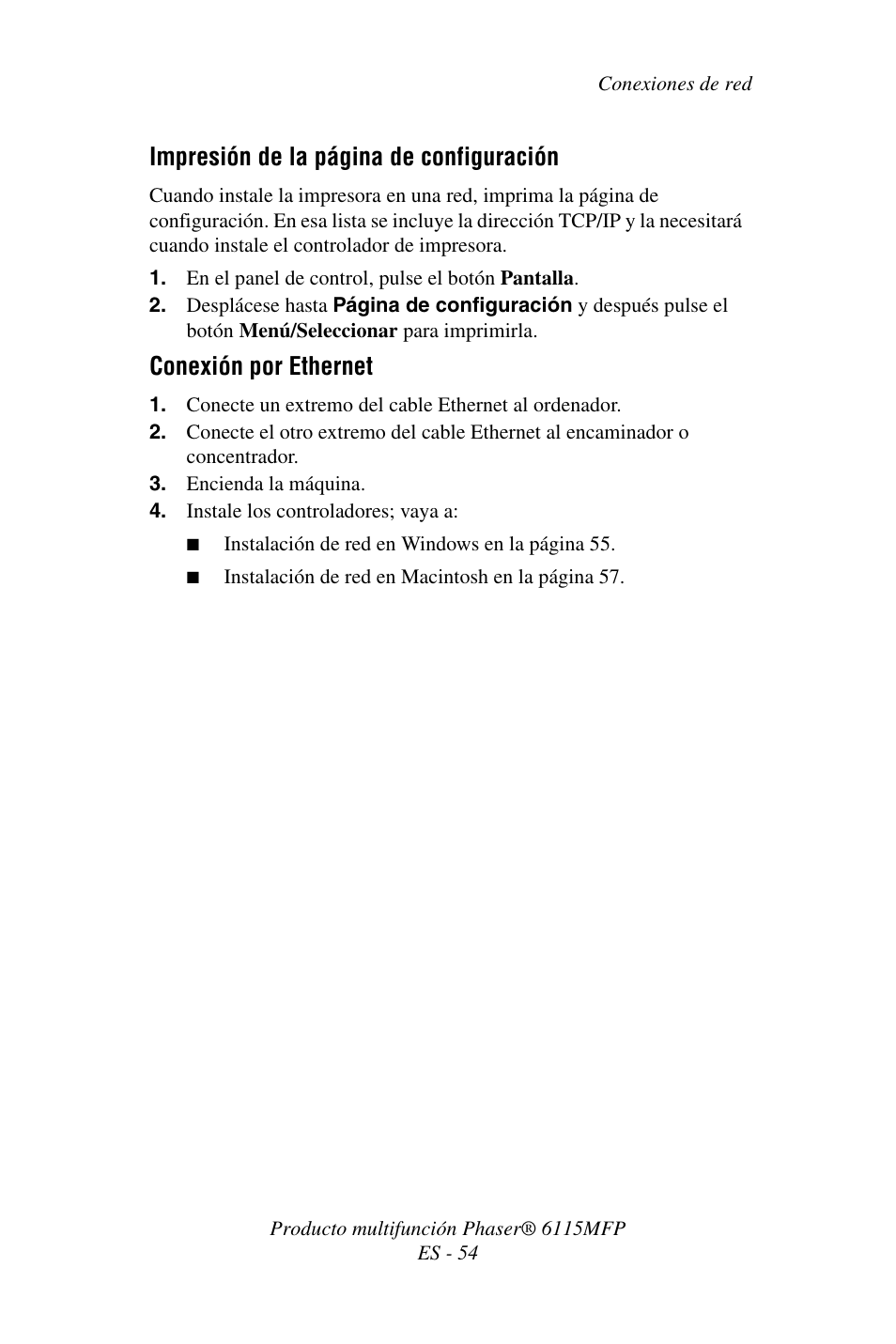 Impresión de la página de configuración, Conexión por ethernet | Xerox Phaser 6115MFP User Manual | Page 56 / 75