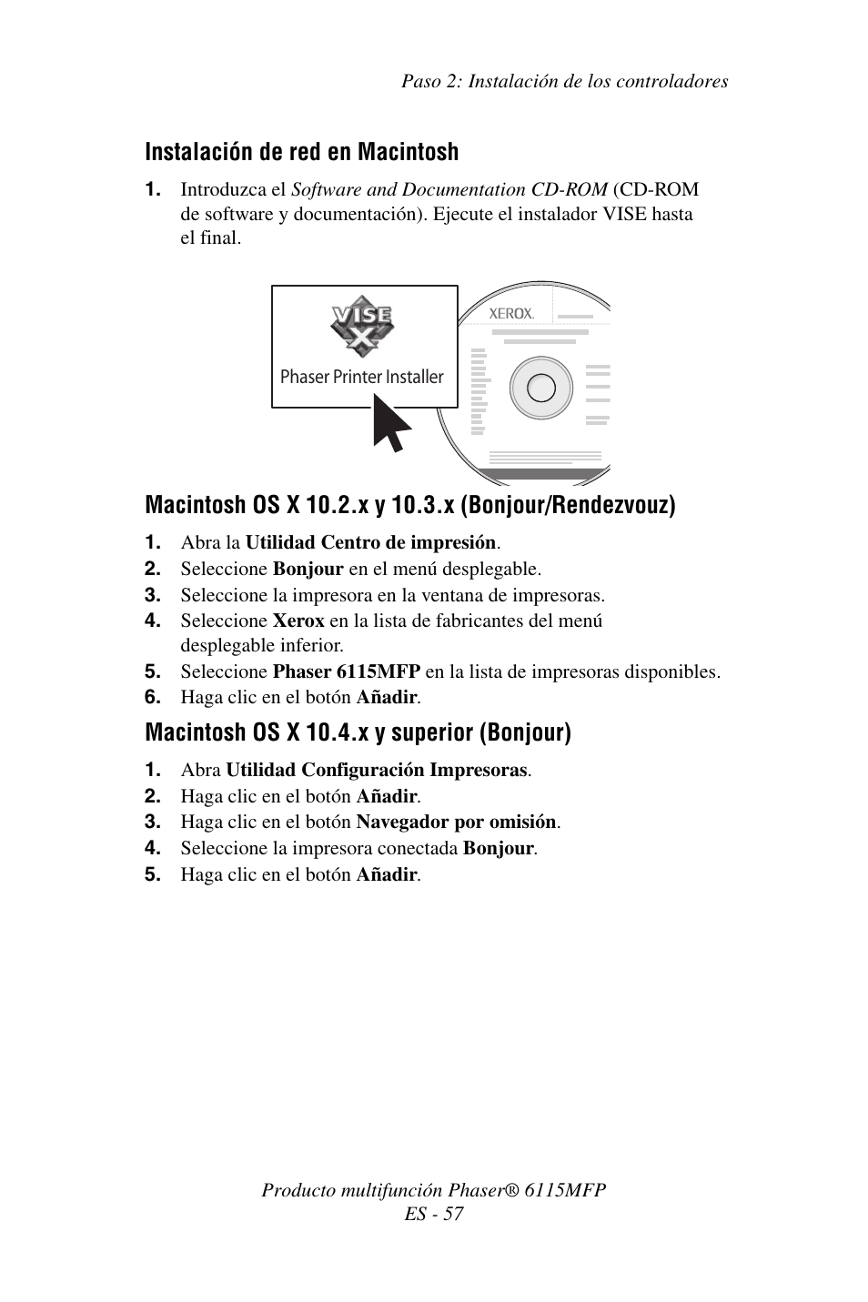 Instalación de red en macintosh, Macintosh os x 10.4.x y superior (bonjour) | Xerox Phaser 6115MFP User Manual | Page 59 / 75