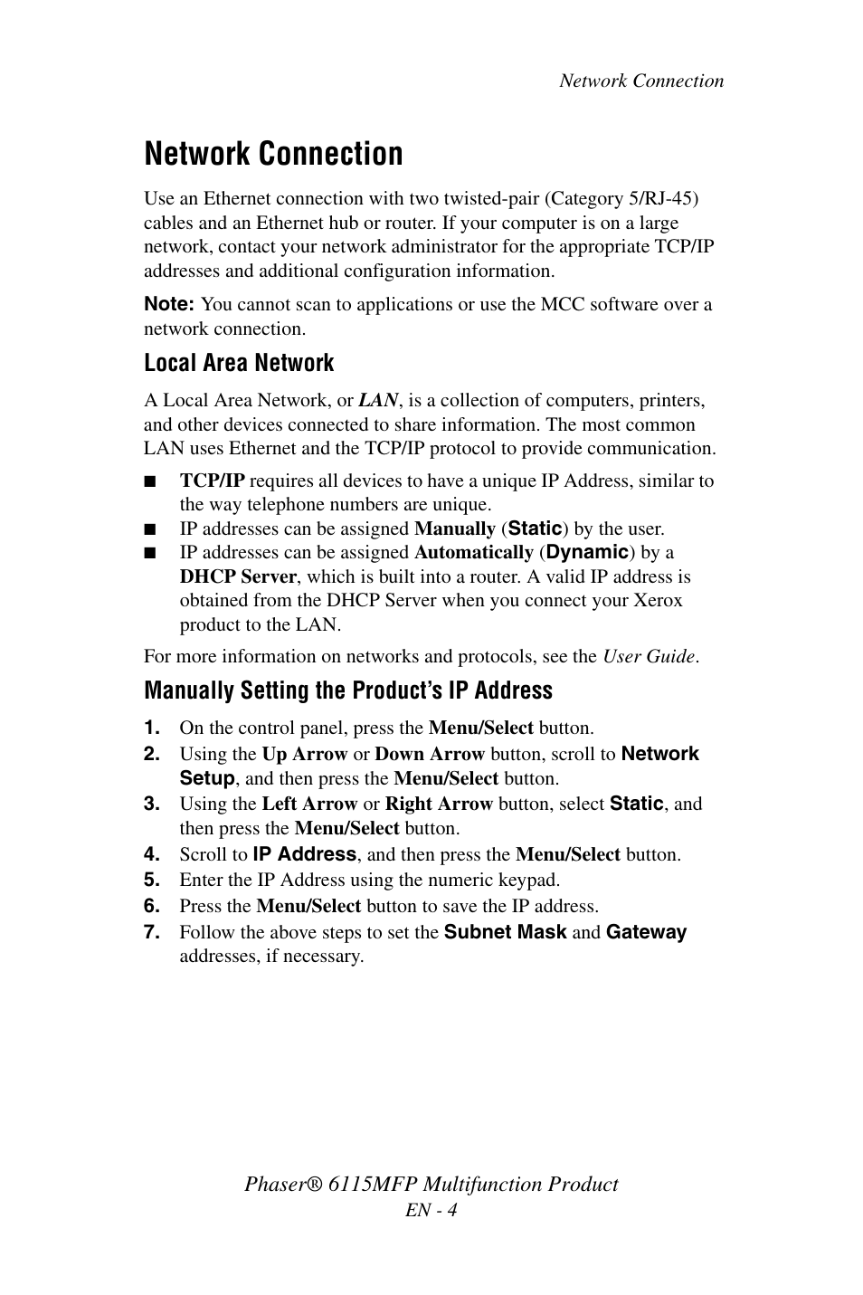 Network connection, Local area network, Manually setting the product’s ip address | Xerox Phaser 6115MFP User Manual | Page 6 / 75