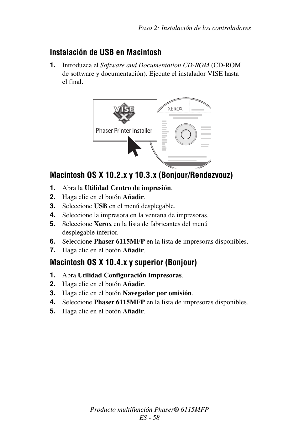 Instalación de usb en macintosh, Macintosh os x 10.4.x y superior (bonjour) | Xerox Phaser 6115MFP User Manual | Page 60 / 75