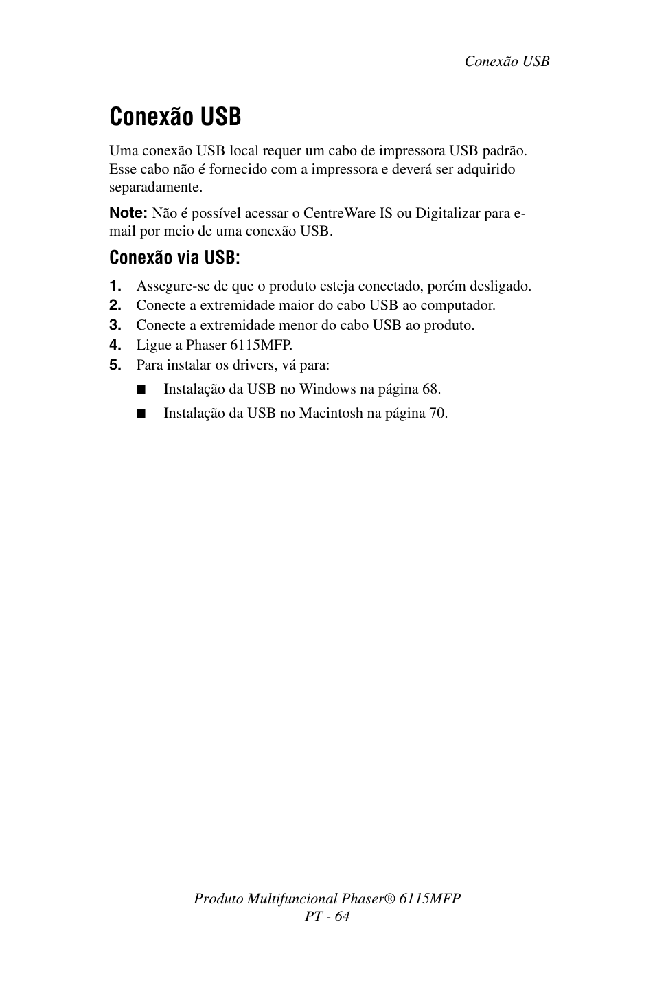 Conexão usb, Conexão via usb | Xerox Phaser 6115MFP User Manual | Page 66 / 75