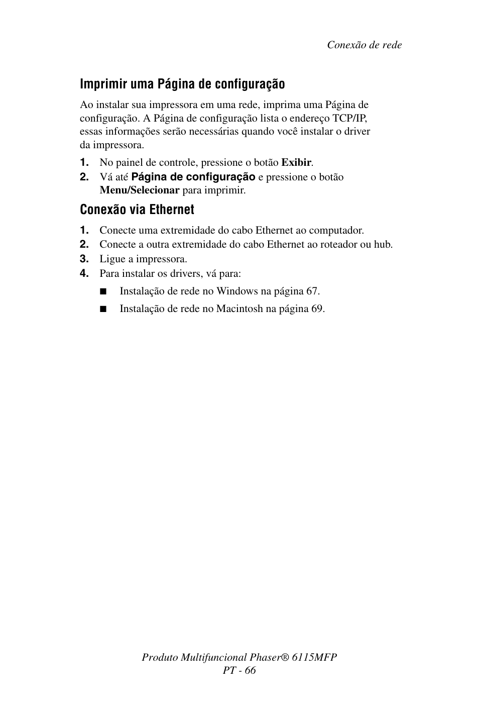 Imprimir uma página de configuração, Conexão via ethernet | Xerox Phaser 6115MFP User Manual | Page 68 / 75