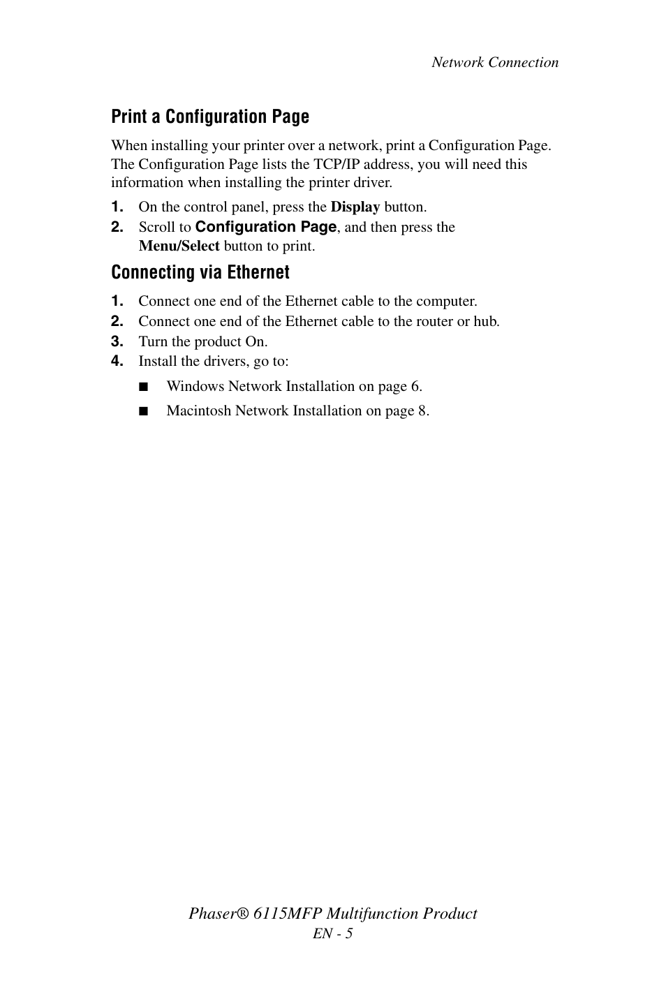 Print a configuration page, Connecting via ethernet | Xerox Phaser 6115MFP User Manual | Page 7 / 75