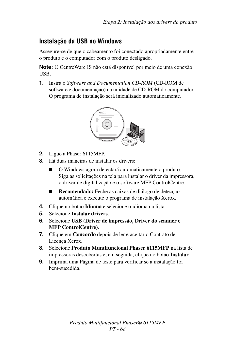 Instalação da usb no windows | Xerox Phaser 6115MFP User Manual | Page 70 / 75