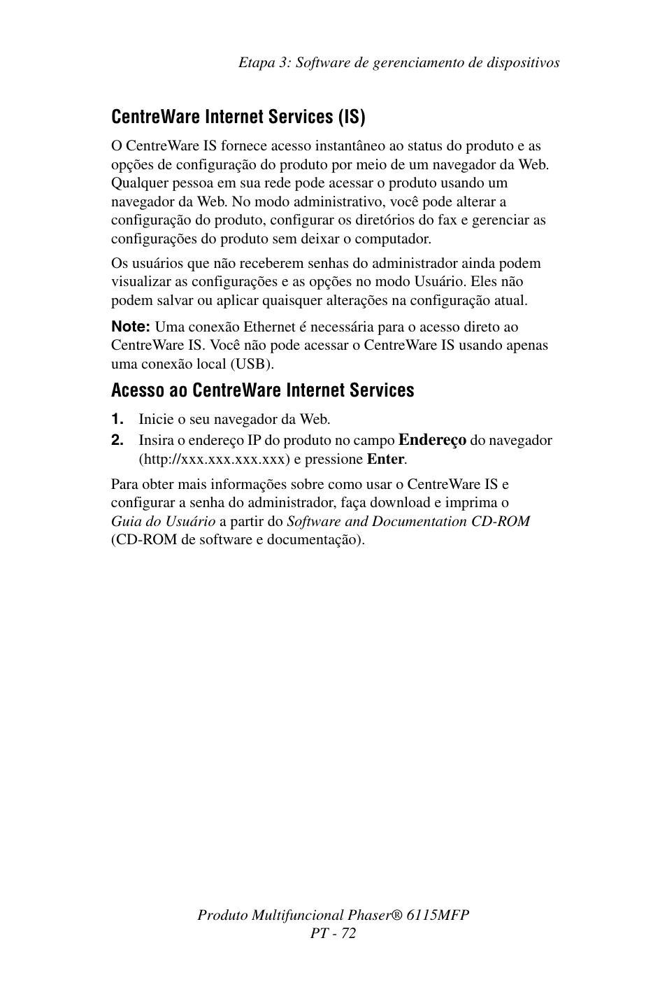 Centreware internet services (is), Acesso ao centreware internet services | Xerox Phaser 6115MFP User Manual | Page 74 / 75