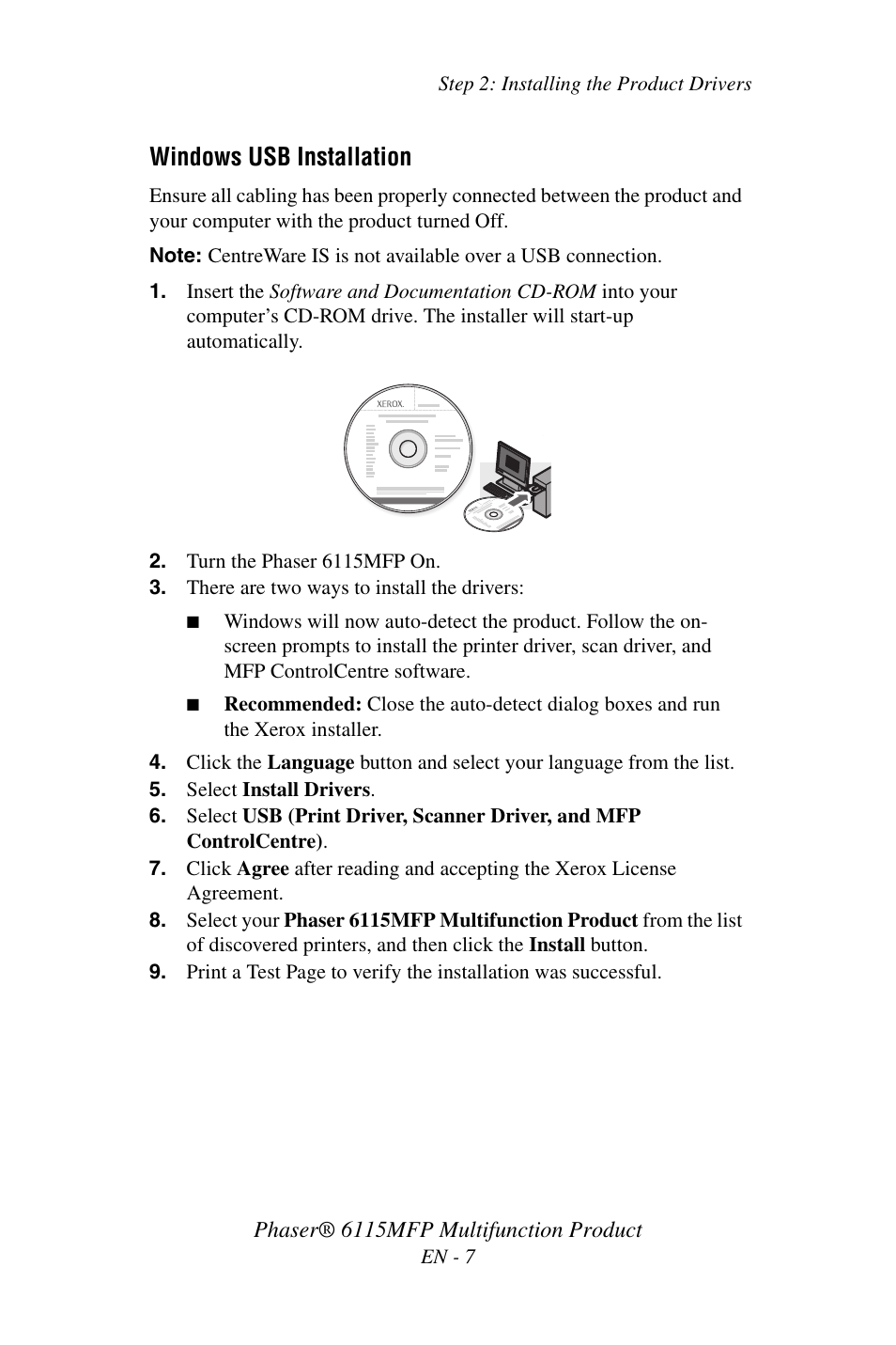 Windows usb installation | Xerox Phaser 6115MFP User Manual | Page 9 / 75
