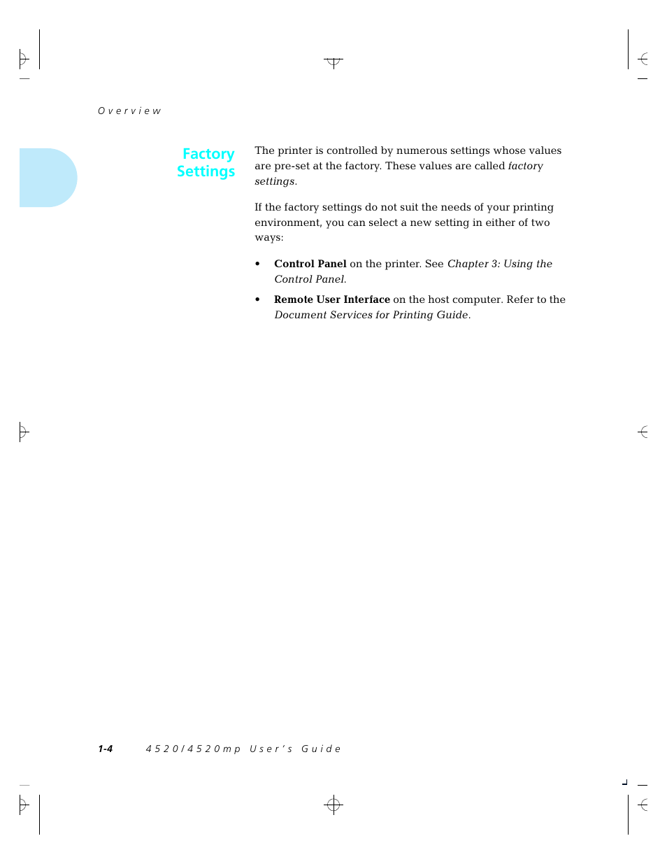 Factory settings | Xerox 4520 User Manual | Page 10 / 310