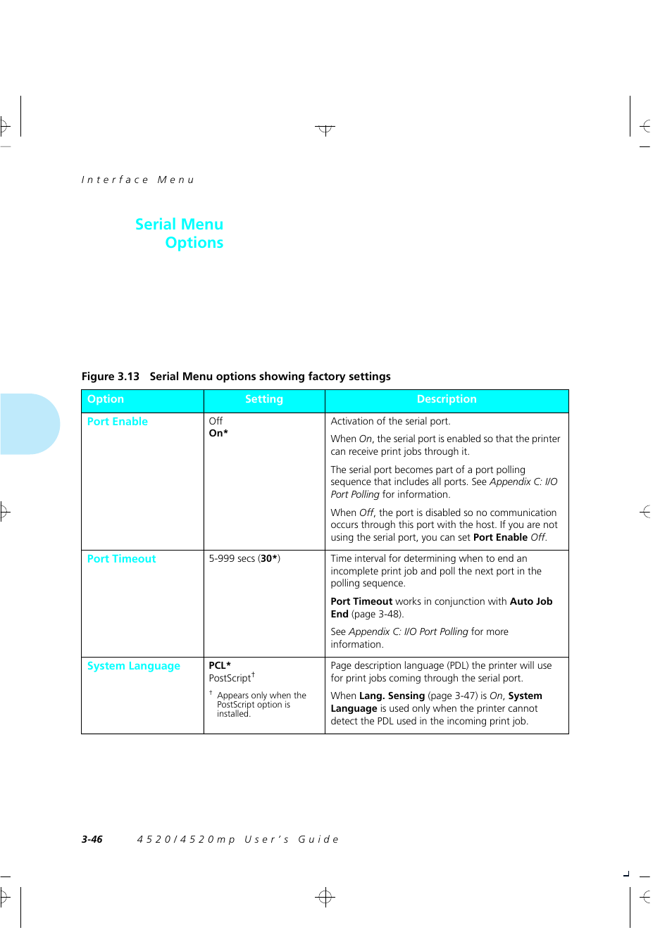 Serial menu options | Xerox 4520 User Manual | Page 100 / 310